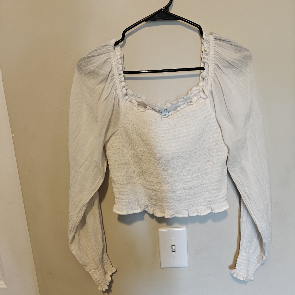 Aerie White Smocked Blouse with Ruffle Trim